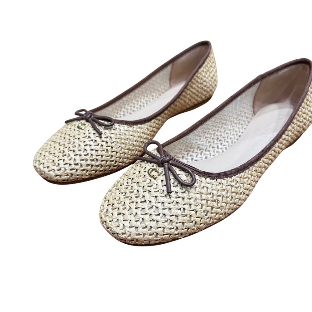 COACH Abigail C ballet flats in raffia with leather trim Sz 11 WMN, Brown bow